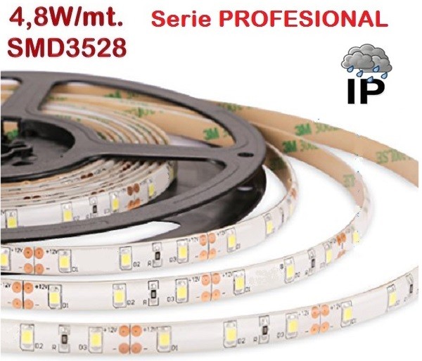 Tira LED 5 mts Flexible 24W 300 Led SMD 3528 IP65 Blanco Cálido 2800ºK, serie Profesional